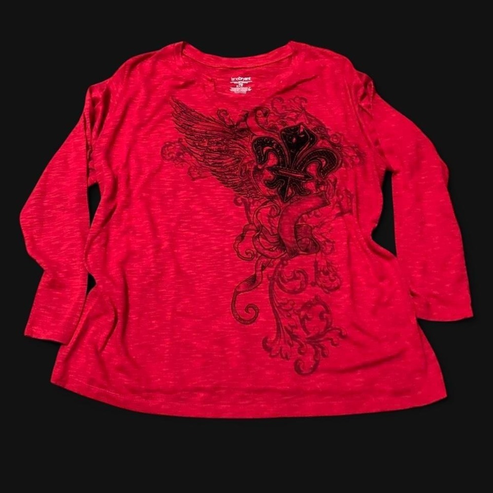 Lane Bryant red black fleur y2k style top slub fabric grunge rayon 18/20(22.25)